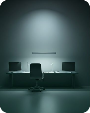 Minimalist office setup with a central chair in front of a long desk holding three turned-off laptops and desk lamps, illuminated by a single overhead light against a plain wall.