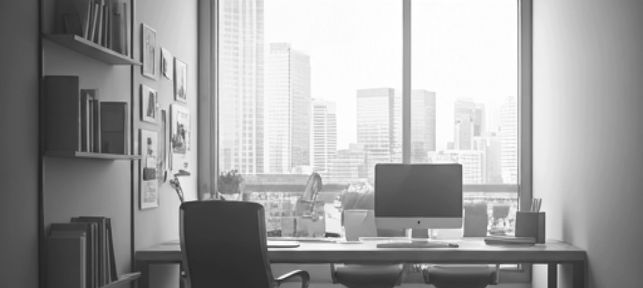 Modern professional office space with a large window overlooking a city skyline, featuring a clean desk with a computer, chair, and organized shelves on the side wall.