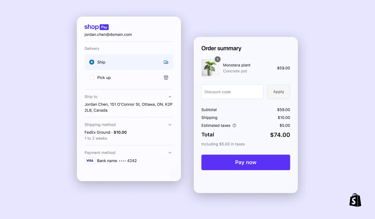 E-commerce order summary with payment options on a light purple background